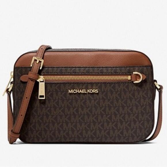 MICHAEL Kors Brown  /Tan 
Jet Set Large Logo Crossbody Bag with chain. NWT - Picture 2 of 7